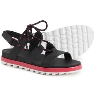 NIB Sorel Roaming Lace 7.5 Slingback Gladiator Flat Leather Sandals Black Pink